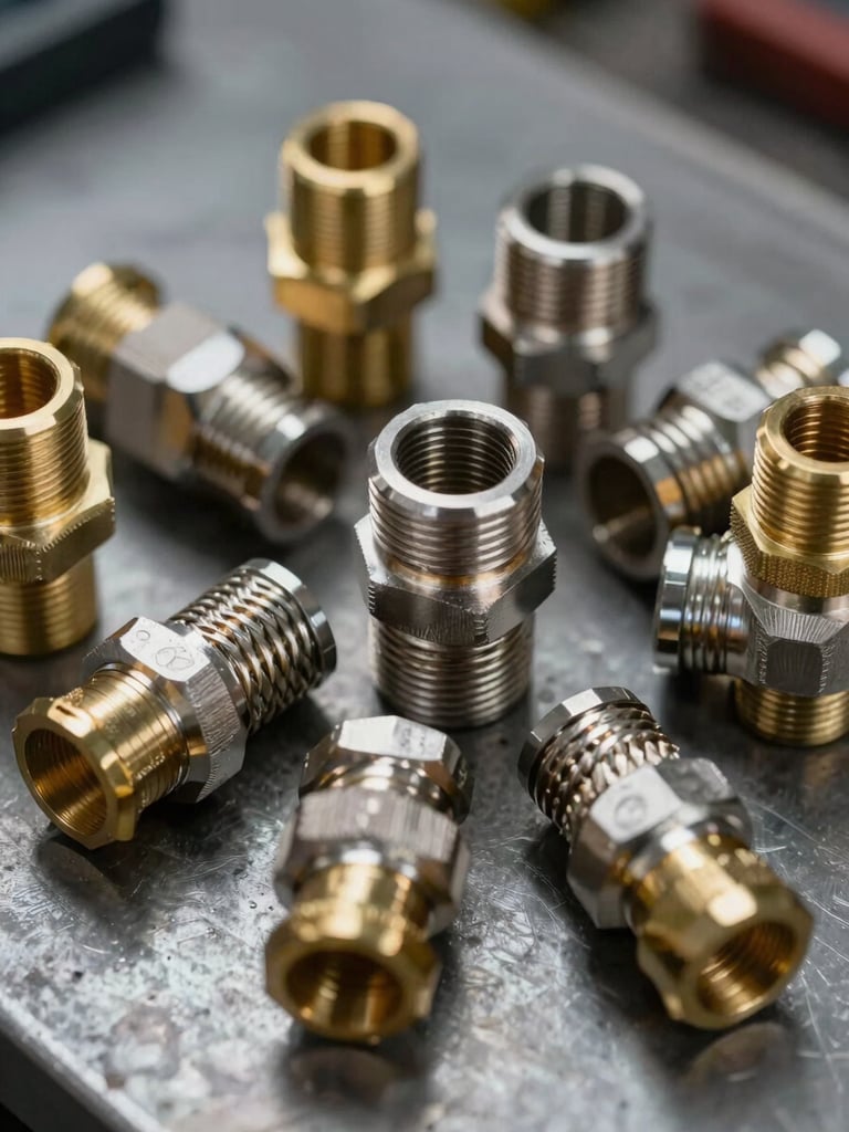 Macro close-up of stainless steel braided conduit and brass cable glands arranged on a dark metal workshop surface, hard side-lit to reveal thread texture and material sheen, tight framing showing product scale with visible certification markings on gland bodies