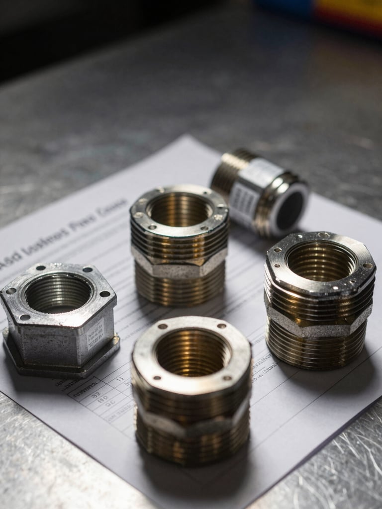 Close-up of certified cable gland and conduit fitting components arranged on a dark steel surface under hard directional studio light, certification label tags and compliance documentation papers partially visible beneath the components, shallow depth of field, industrial macro framing