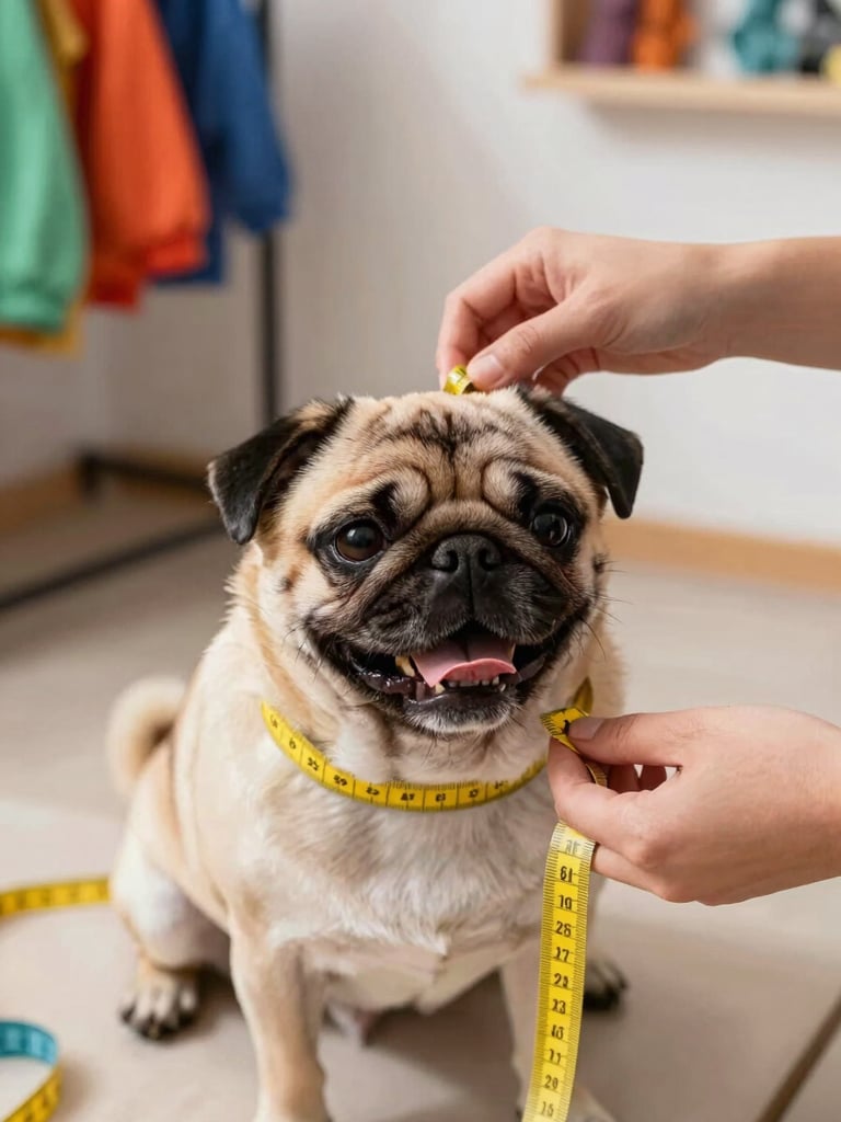 Close-up of hands carefully measuring a happy pug with a soft yellow measuring tape in a bright Celaya workshop, warm natural light, 50mm