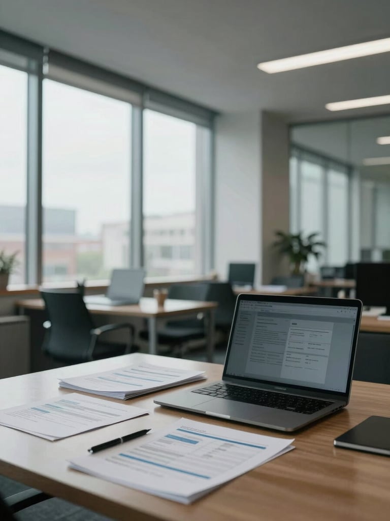 Wide shot of a quiet modern office interior, organized desk with project documents and a laptop in the foreground, large window casting natural daylight across the workspace, cool northern light, no people visible