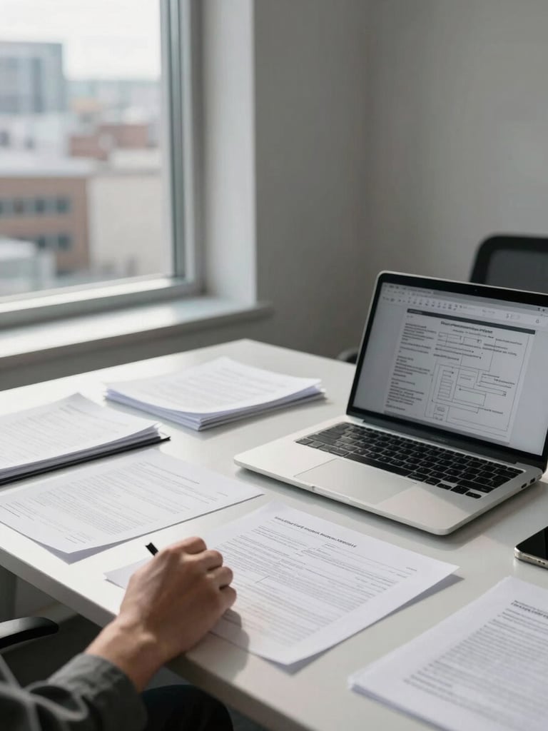 Wide environmental view of a clean modern office desk — organized documents, a laptop open to a project plan, a hand resting on a printed report, natural daylight from a large window to the left, calm and focused atmosphere, no people visible, York Ontario setting