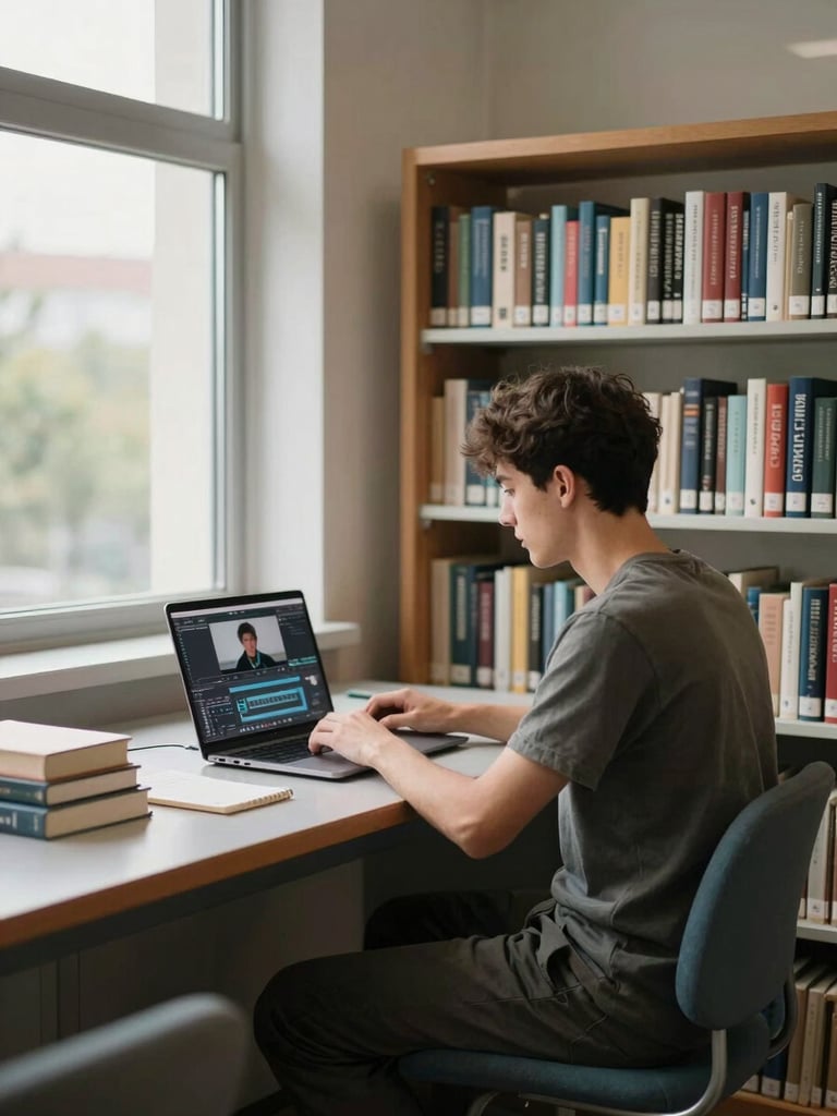 Wide environmental shot: male student creator seated at a minimal desk in a university library alcove, laptop open showing video editing software, soft north-facing window light from the left, books and a small notebook in frame, authentic working posture, no posed expression