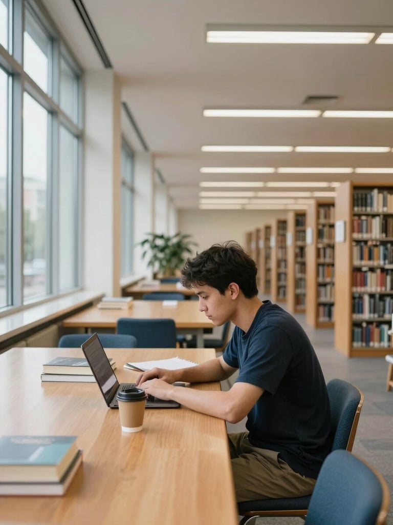 Environmental wide shot of a university library interior, a male student working on a laptop at a long wooden table, natural window light from the left, books and a coffee cup in the foreground, empty chairs suggesting focused solitude