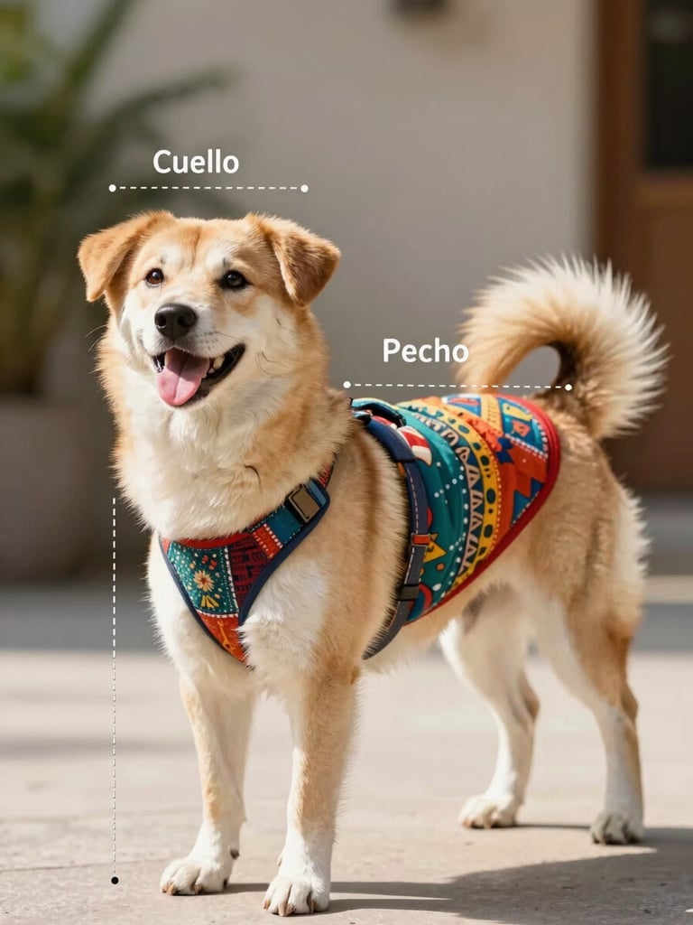 An illustrative, clear diagram of a happy dog standing sideways, with soft dashed lines indicating where to measure Cuello, Pecho, and Largo, bright natural lighting, friendly style.