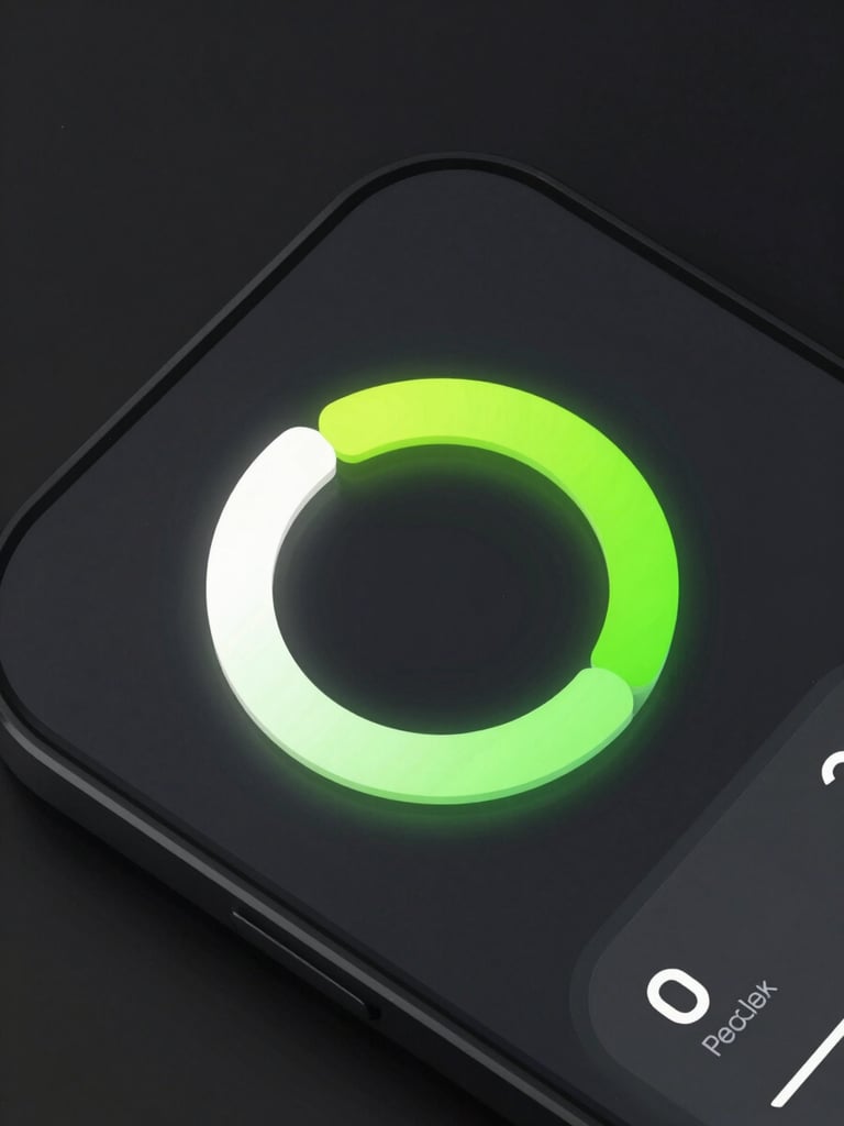 Sleek 3D render of a wellness app dashboard, cyber lime glowing progress rings, dark mode interface, glassmorphism