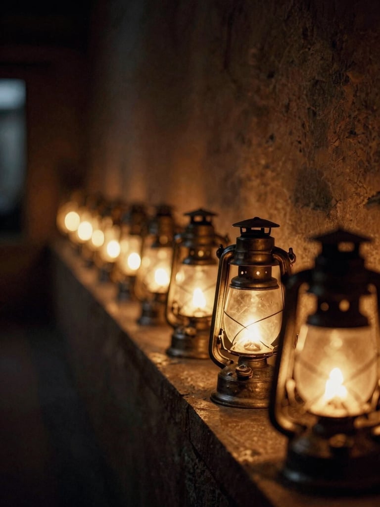 Soft out-of-focus oil lamps glowing in a dark temple corridor, warm golden light, meditative mood, 35mm film look