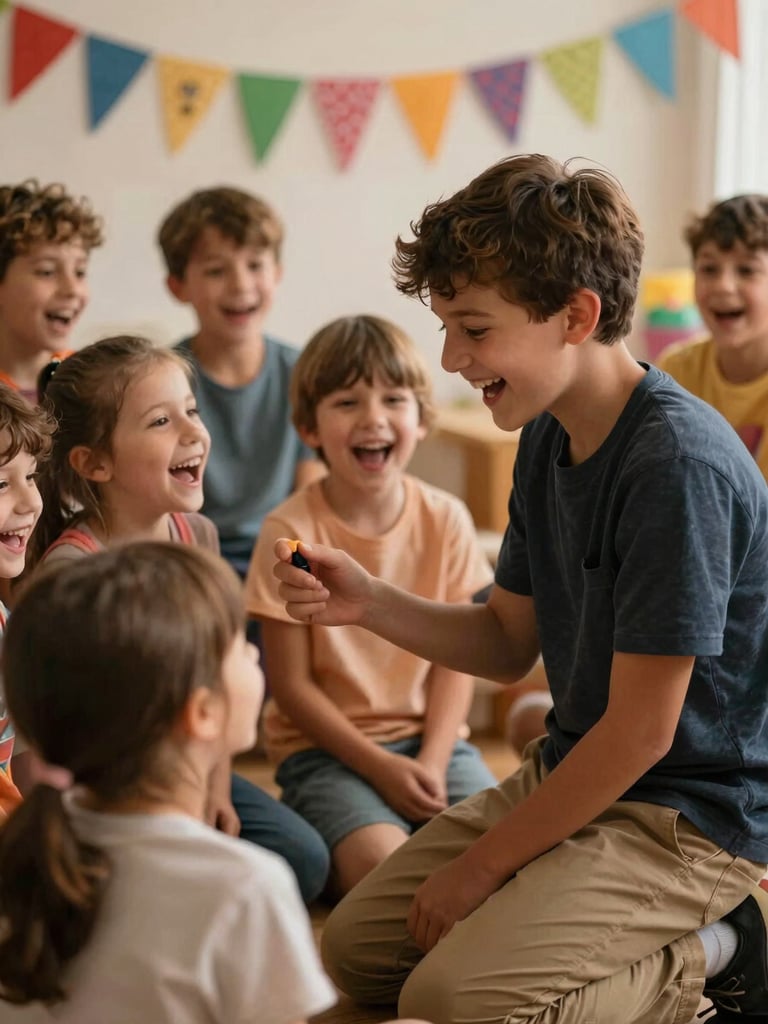Close-up documentary shot of a children's party animator kneeling at eye level with a small group of children, all laughing mid-game, warm tungsten light, colourful bunting in soft focus behind them, natural joy visible on every face