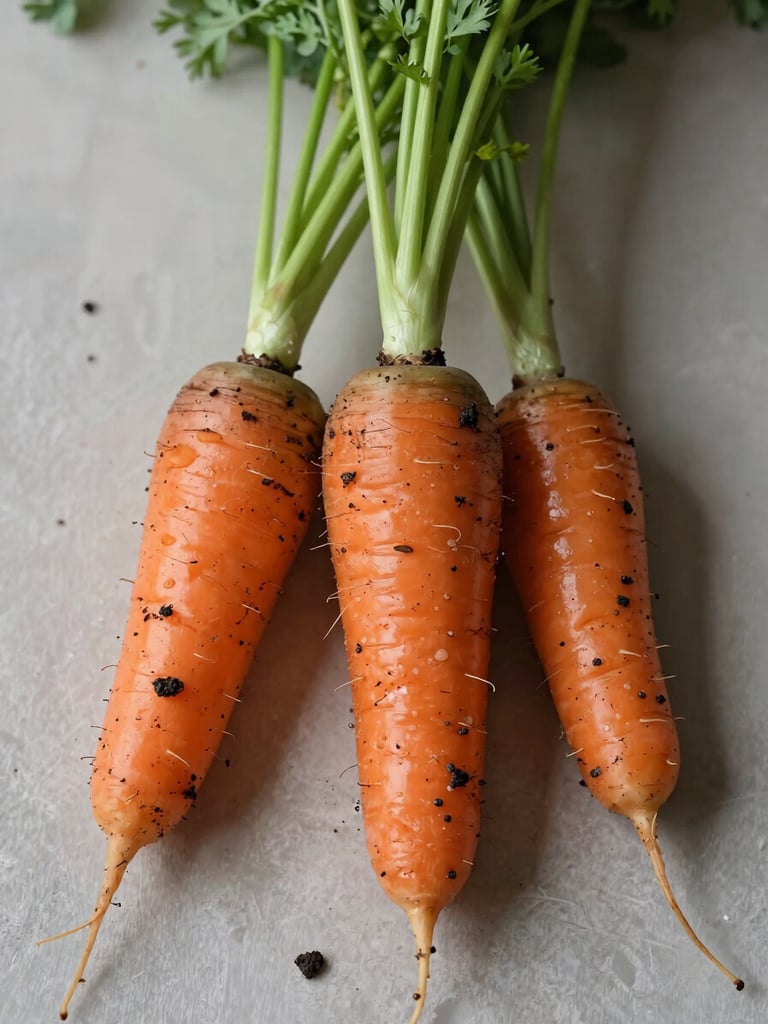 Tactile portrait shot of freshly harvested heirloom carrots with damp soil clinging to them, soft Scandinavian morning light, neutral background.