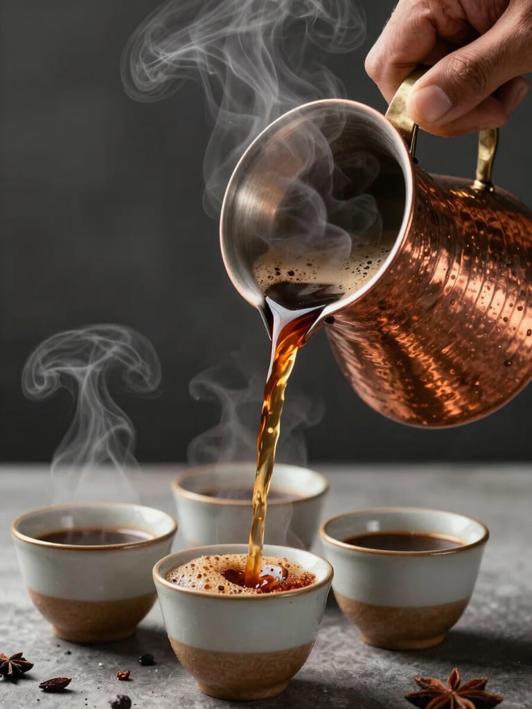 A close-up shot of hands pouring hot, cardamom-scented coffee from a copper dallah into small ceramic finjan cups, steam rising beautifully.
