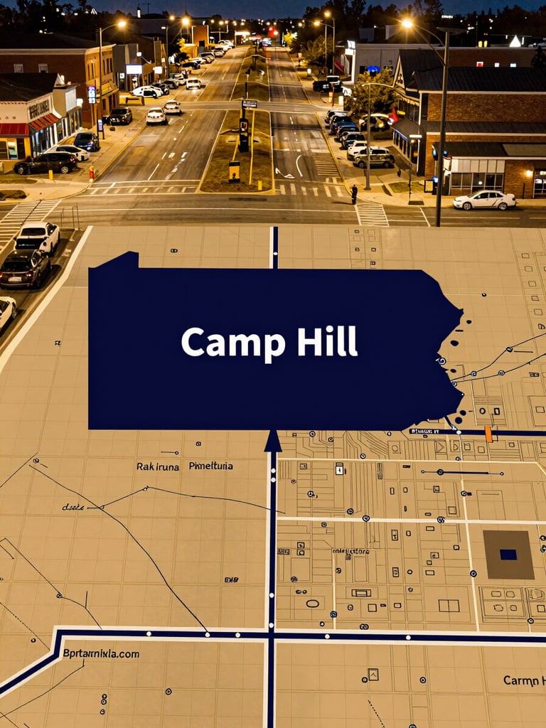 Modern map of Central Pennsylvania highlighting Camp Hill and surrounding commercial corridors, clean graphic style, deep navy and amber tones, high contrast, 35mm lens