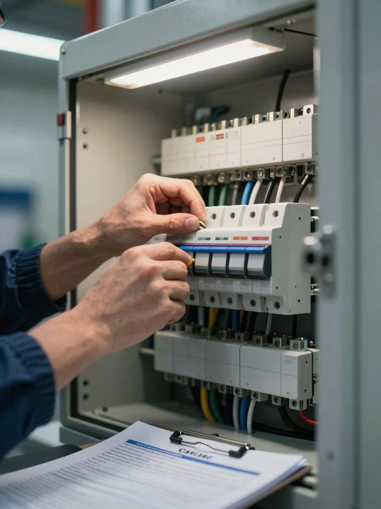 Close-up environmental shot, left-side bleed: an electrical engineer's hands adjusting a breaker inside an open industrial panel, overhead fluorescent workbench lighting casting clean shadows on the components, a compliance document visible in soft focus in the foreground corner, technical setting with bare conduit and cable trays in background