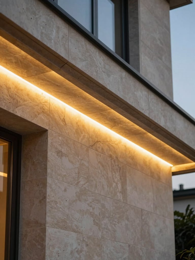 Close-up architectural detail of a luxury villa facade at dusk — polished stone cladding panels, recessed LED strip lighting casting a warm gold glow along horizontal fins, shot tight from ground level angled upward, no people visible