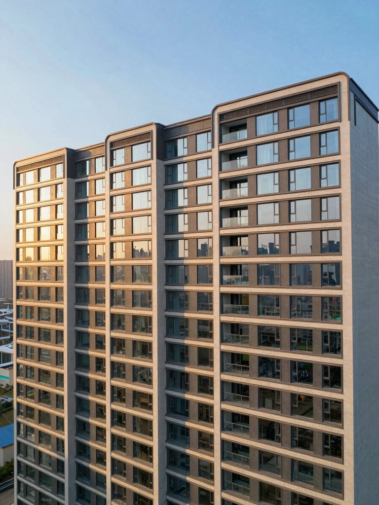 Wide panoramic drone shot of a completed luxury residential tower facade, golden-hour light raking across geometric concrete and glass panels, deep shadows emphasizing structural precision, empty sky on the upper third, building filling the right two-thirds of the frame