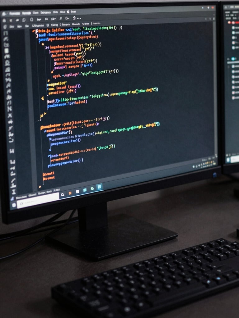 Close-up oblique angle of a developer monitor displaying dense Rust code with syntax highlighting, keyboard in foreground, high-contrast studio lighting, dark desk surface, cables partially visible