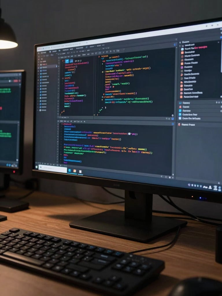 Wide oblique shot of a developer's monitor displaying dense TypeScript code in a dark IDE, multiple terminal panes open, keyboard in sharp foreground, high-contrast studio lighting from the left, workstation environment visible in background