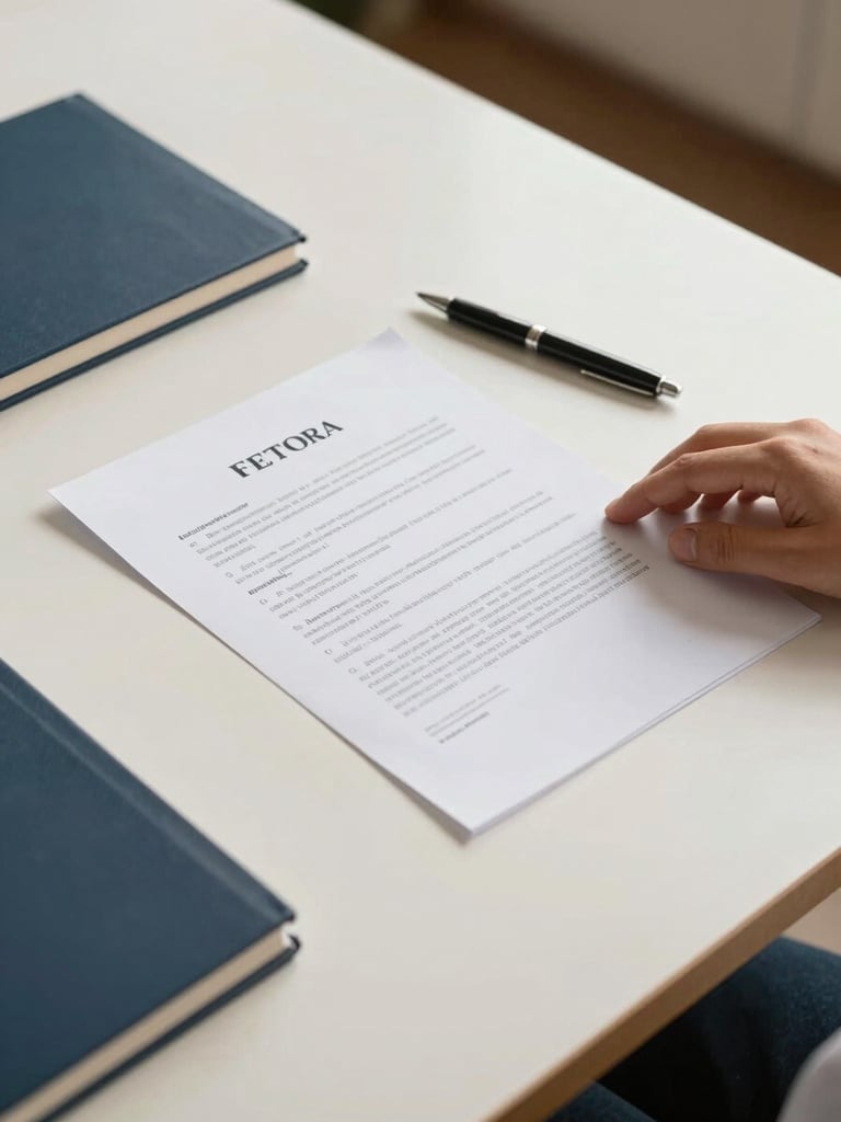 Wide environmental shot of a tidy professional desk in bright natural daylight, a single hand resting on an open contract in the right third of the frame, a clean pen and organized documents visible, cream and navy tones, precise and controlled