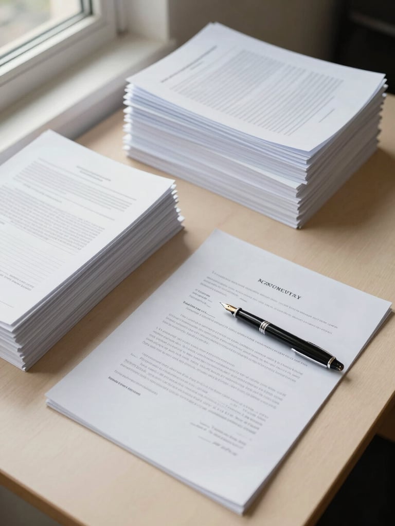 Overhead study of a clean organized desk with neatly stacked documents, a fountain pen resting on a signed contract, bright natural window light from the left, cream and platinum tones, precise composition with no clutter
