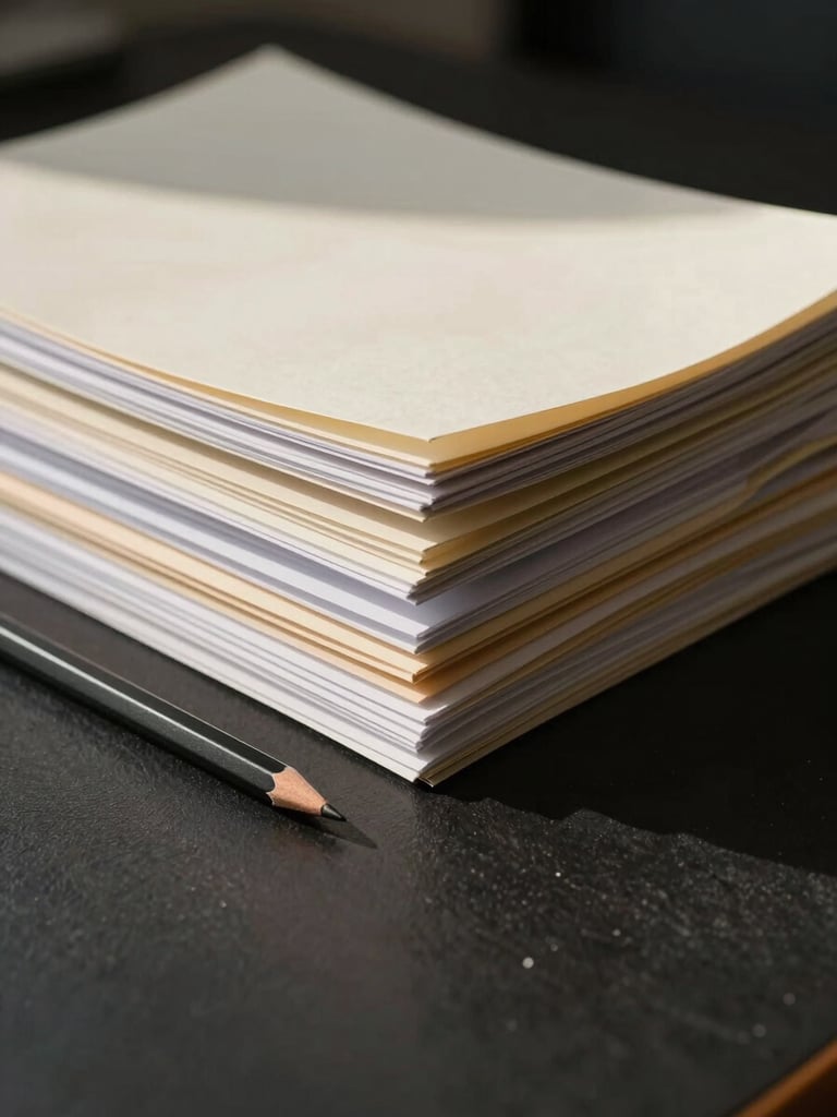 Tidy desk corner from a low angle, neatly stacked documents with a binder clip, a sharp pencil beside them, natural side light creating soft definition, cream and charcoal palette, no people