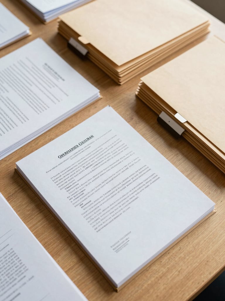 Overhead shot of organized legal filing folders on a light wood surface, labeled tabs visible, a single open document with official state header, bright even daylight, no people