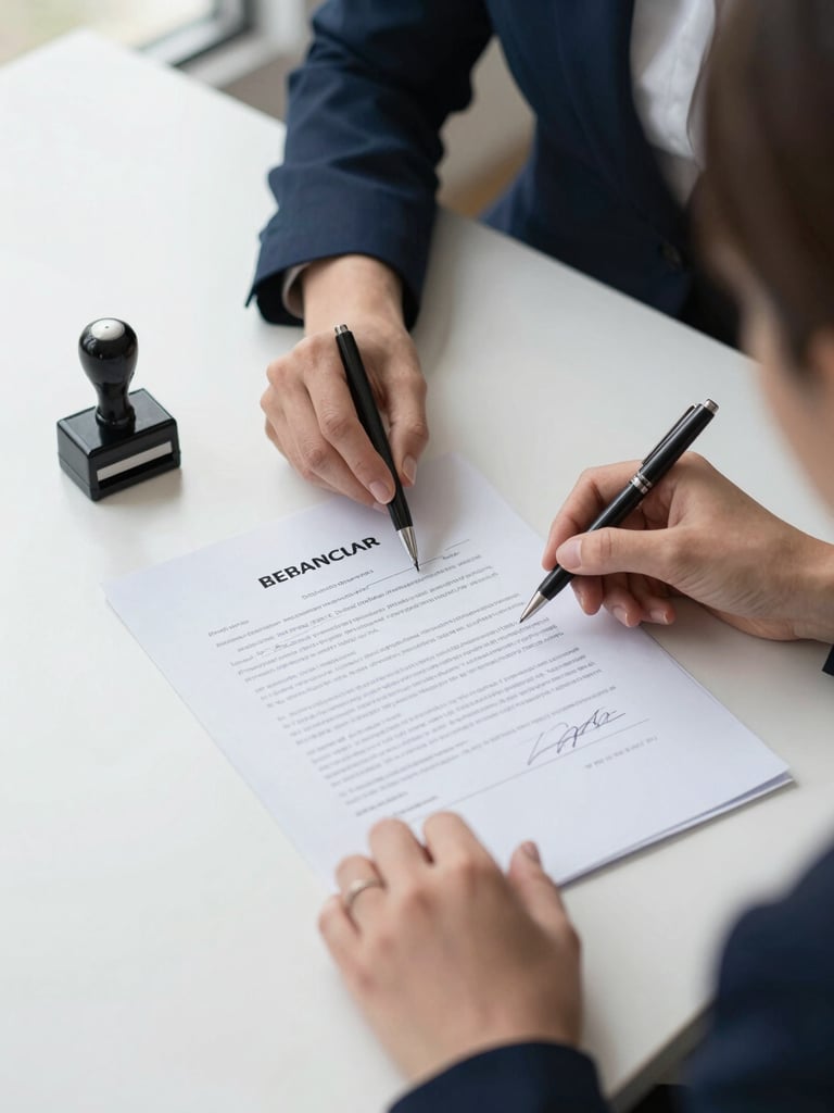 Close overhead shot of a single professional woman's hands organizing a set of signed legal documents on a clean white desk, a fine-tip pen resting beside a notary stamp, bright natural window light from the left, crisp shadows, no clutter