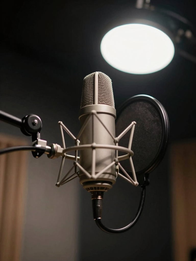 Low-angle close-up of a professional condenser microphone suspended on a boom arm inside an isolated vocal booth, single overhead studio strobe lighting the capsule against a deep black background, sharp metallic detail visible