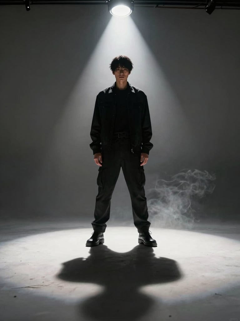 Extreme low-angle wide shot of a solo artist standing under a single overhead stage spotlight, harsh shadow cutting across the floor, smoke at ankle level, all-black wardrobe, studio strobe rim-lighting the figure from behind — dramatic chiaroscuro, no background detail visible