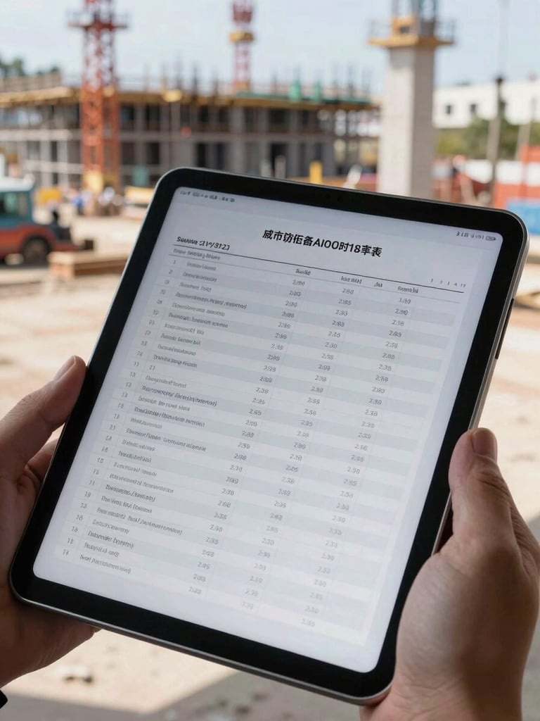 A close-up of a digital tablet displaying municipal budget spreadsheets, held by a person standing in front of an active public construction site under natural daylight