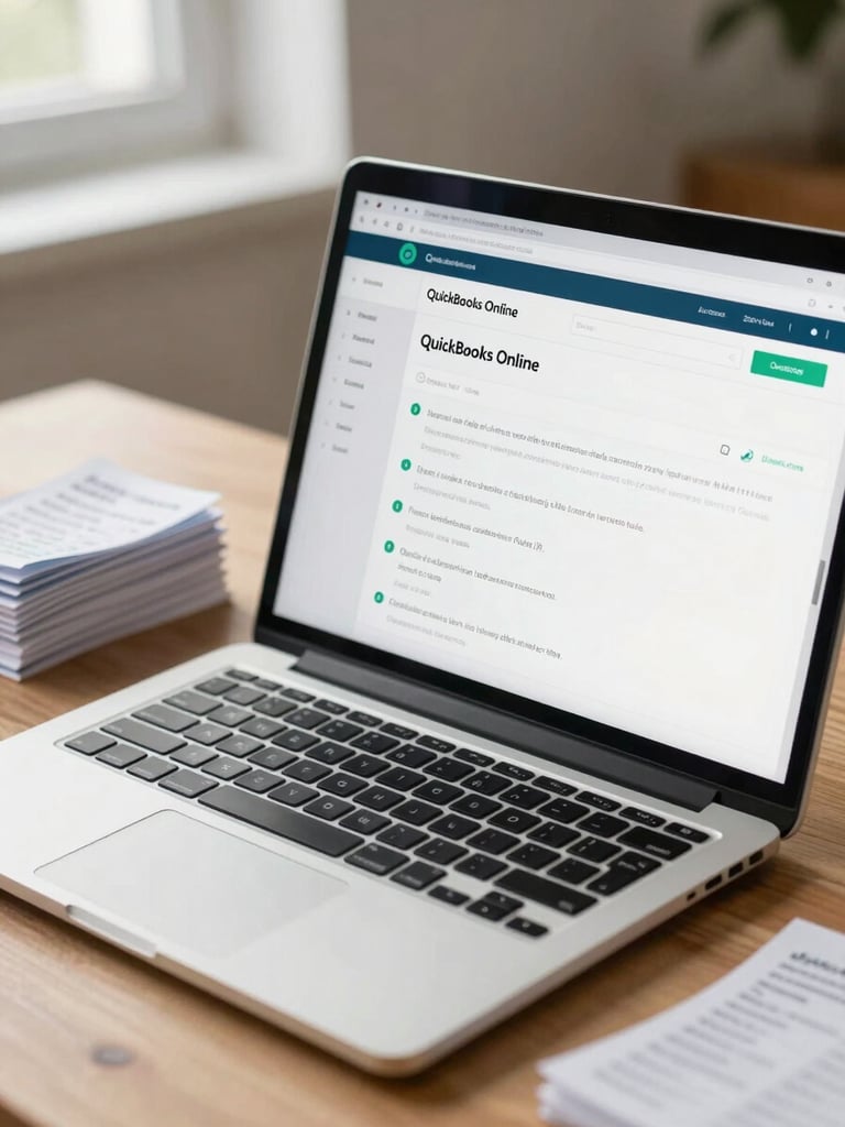 Close-up of a modern, clean laptop screen showing a perfectly reconciled QuickBooks Online dashboard on a light oak desk, next to a neatly stacked pile of receipts, bright natural morning light.