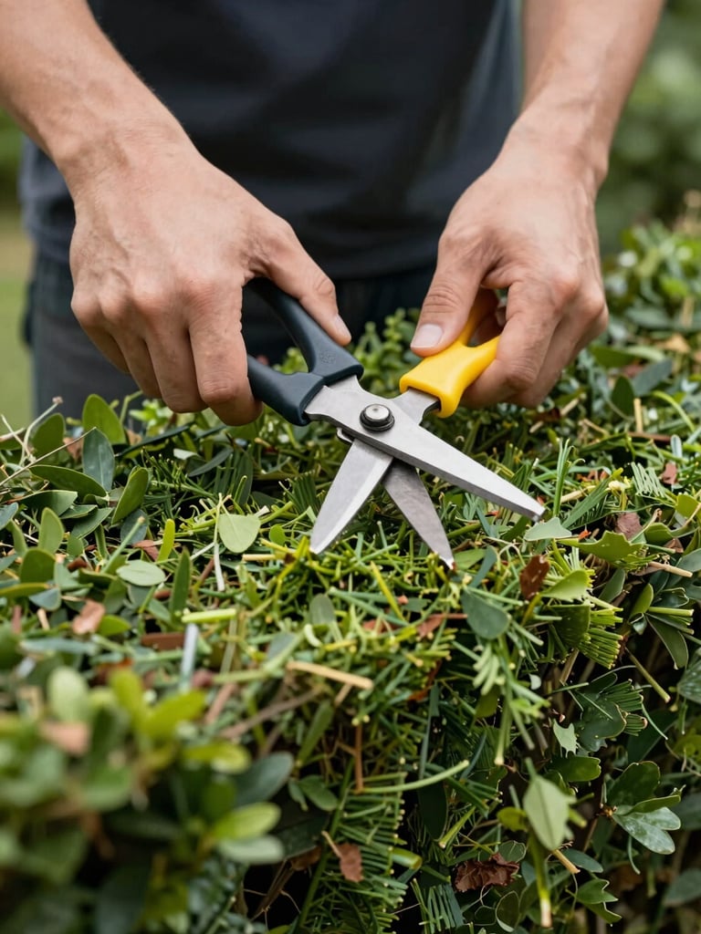 Hands trimming a low garden hedge with manual shears in overcast north-facing daylight, green clippings falling, neatly cut edge visible below