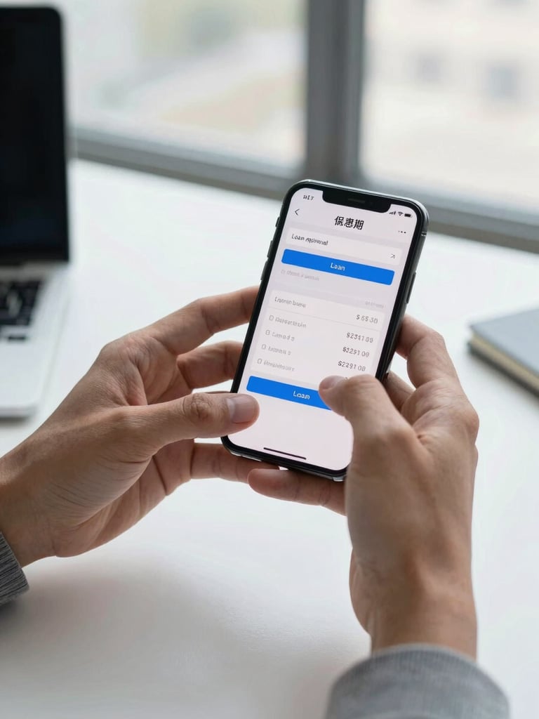 Close-up of hands holding a smartphone displaying a loan approval screen with dollar figures, bright daylight through an office window, clean desk surface, natural and unposed