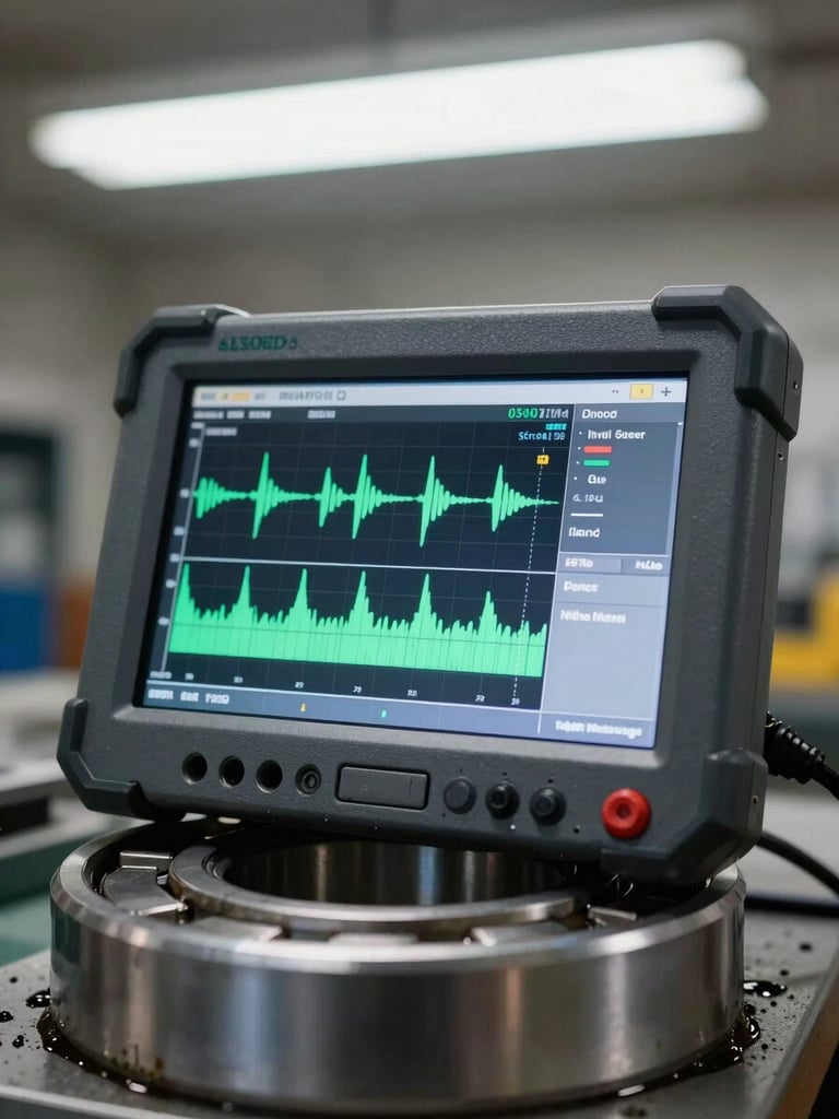 Close-up of a portable vibration analyzer screen showing waveform and FFT spectrum, resting on a steel bearing housing, shop-floor fluorescent light, grease and metal texture in background, no faces