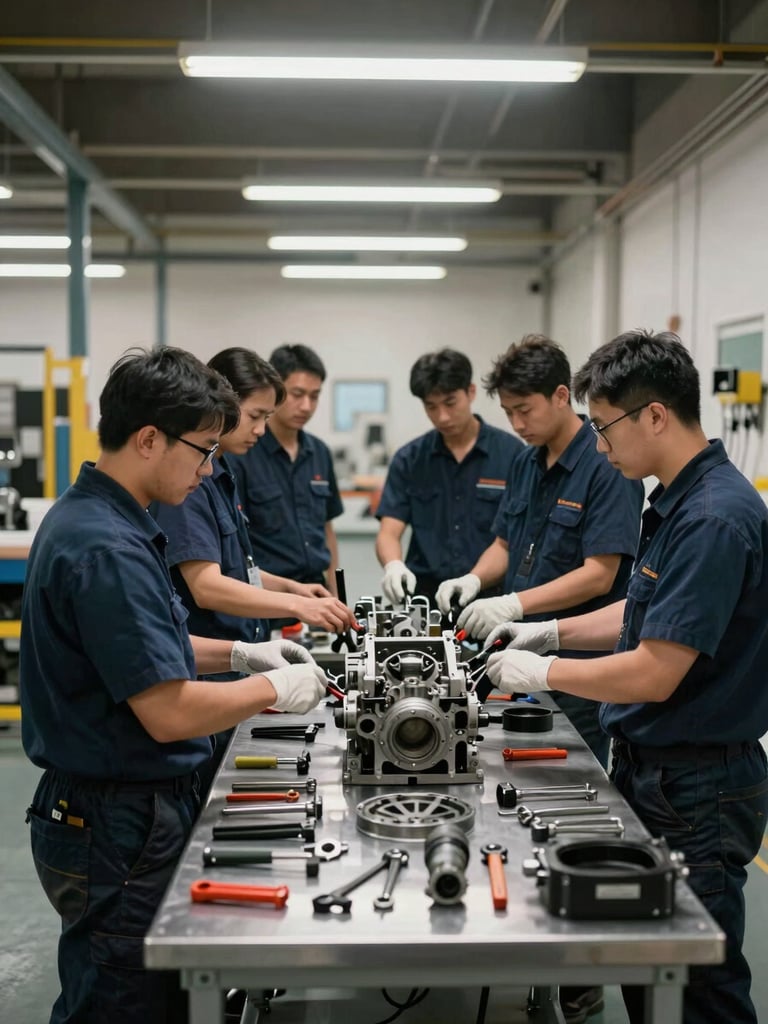 Wide environmental shot of a training floor, technicians gathered around an open gearbox on a workbench, maintenance tools laid out systematically, overhead industrial lighting, steel and concrete surfaces, no posed expressions