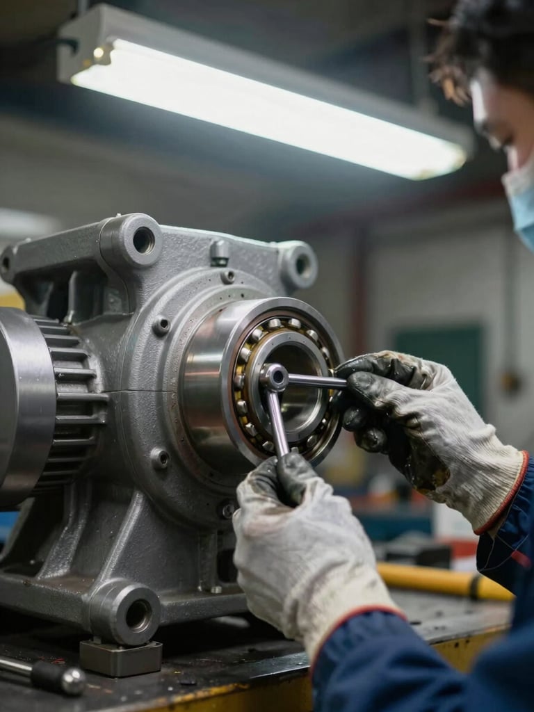 Close-up of a large industrial pump housing under shop-floor fluorescent light, a technician's gloved hands adjusting a bearing cap with a torque wrench, grease and metal detail visible, documentary framing