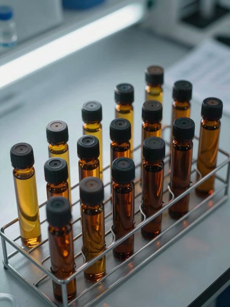 Overhead detail shot of oil sample vials in a metal rack on a lab bench, each vial at a different opacity from amber to dark brown, industrial work surface with report printouts visible at edge, cool fluorescent light