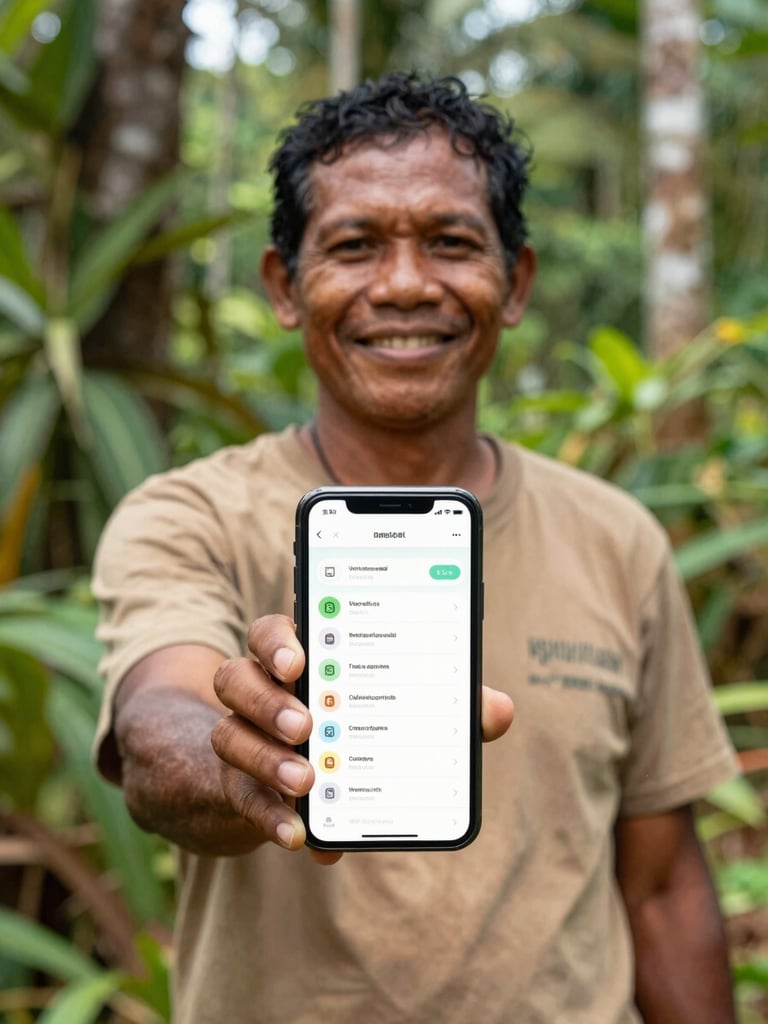 Environmental portrait of a smiling Papuan cooperative member holding a smartphone displaying a clean digital app interface, bright natural tropical daylight, outdoor setting