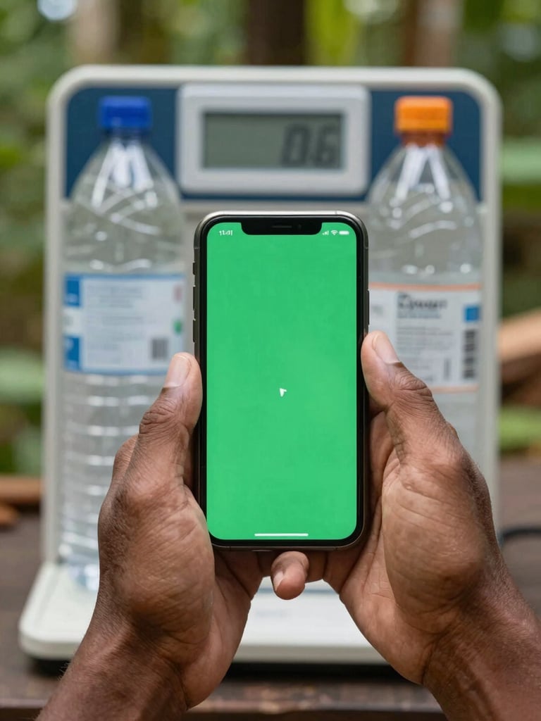 Close up of Papuan man hands holding a smartphone displaying a clean green mobile app interface, weighing scale with plastic bottles in the background, warm daylight