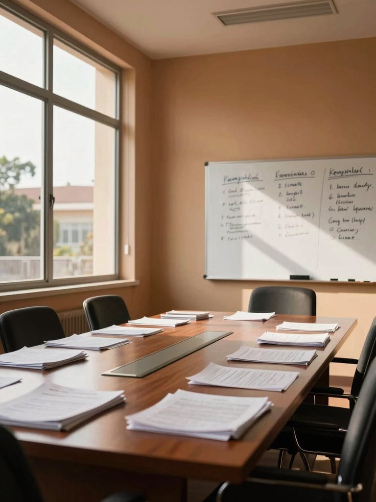 Wide environmental shot of a sunlit Kampala office interior — a long conference table, stacked documents, and a whiteboard with handwritten notes visible, natural daylight pouring in from tall windows on the left, warm ochre walls, no people