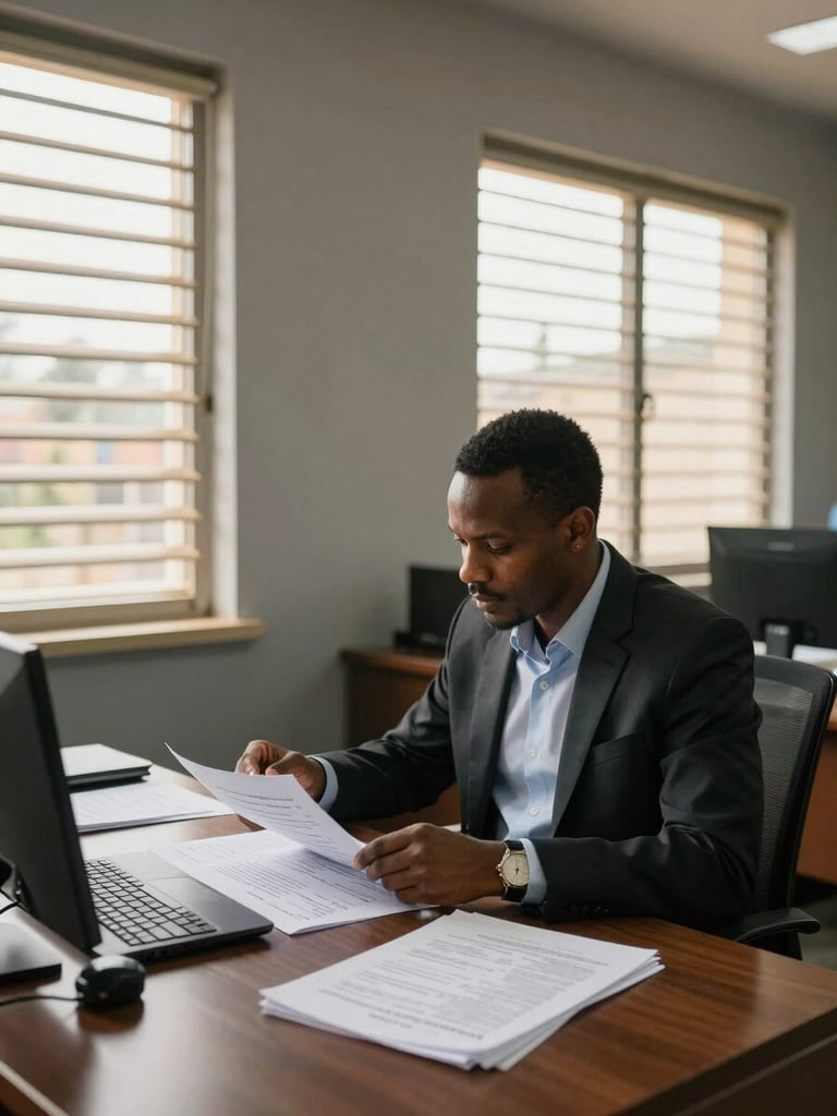 Wide environmental shot of a working office in Kampala — a consultant at a large desk reviewing printed documents and policy briefs, natural daylight coming through louvred windows, warm gray walls, papers and a laptop visible, calm and purposeful atmosphere