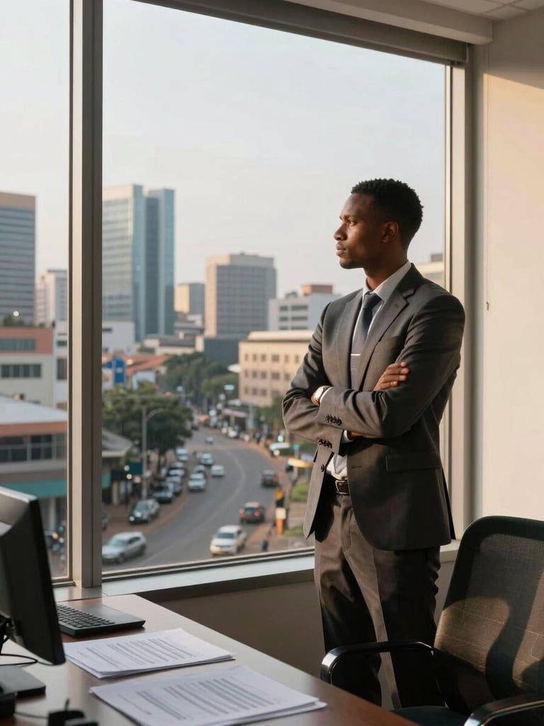 Wide environmental shot of a Kampala business district street-level view from inside an office window, a professional standing with arms folded looking outward at the city, warm afternoon light, data printouts visible on a nearby table