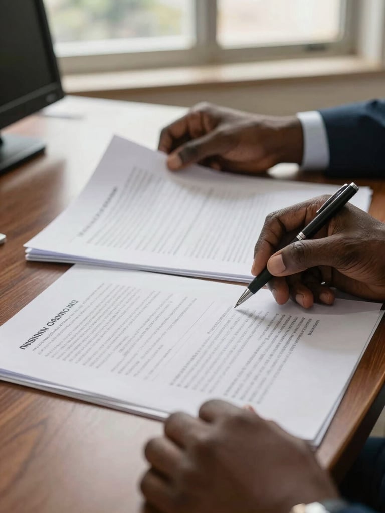 Close-up of hands reviewing printed regulatory documents spread across a wooden desk in a Kampala office, available daylight from a side window, a pen resting on the page mid-notation