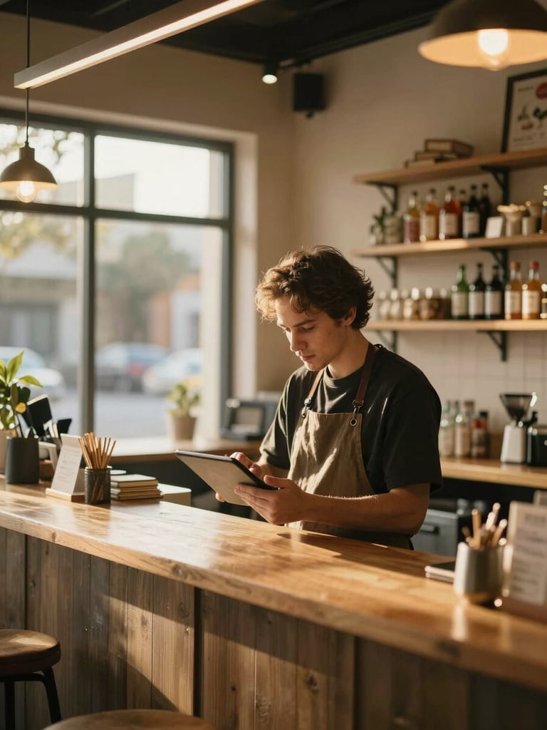 Wide environmental shot inside a warm neighborhood restaurant, owner reviewing a tablet behind the counter under natural window light, shelves of product visible in the background, golden afternoon light