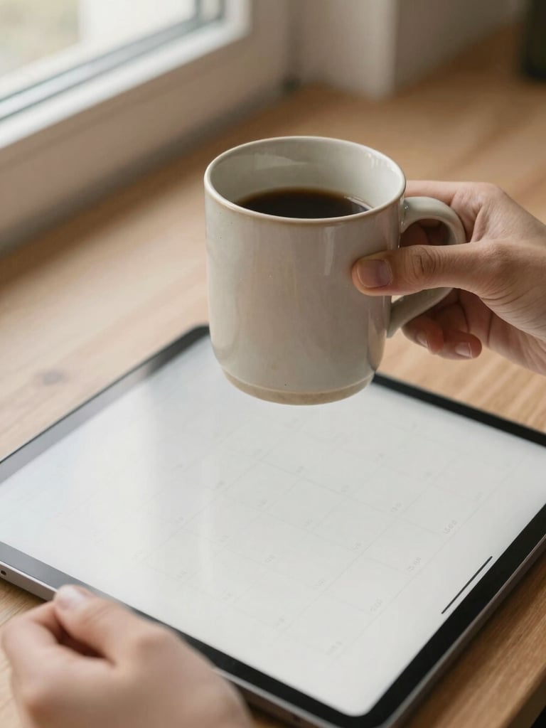 A candid close-up of hands holding a warm ceramic mug over an open tablet displaying clean, simple comparison charts, soft morning light, warm editorial style.