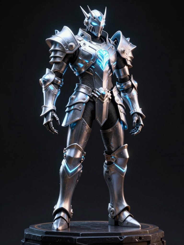cinematic 3d digital render, dramatic neon rim lighting, high-contrast dark cyber tones, ultra-detailed game engine capture of glowing fantasy armor on a dark stone pedestal