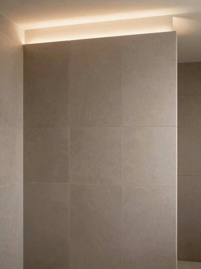 Wide environmental shot of a completed bathroom partition installation, soft warm ambient light from above, dcubics phenolic board panels in muted stone tones filling the full height of the frame, architectural lines crisp, minimal styling, no people
