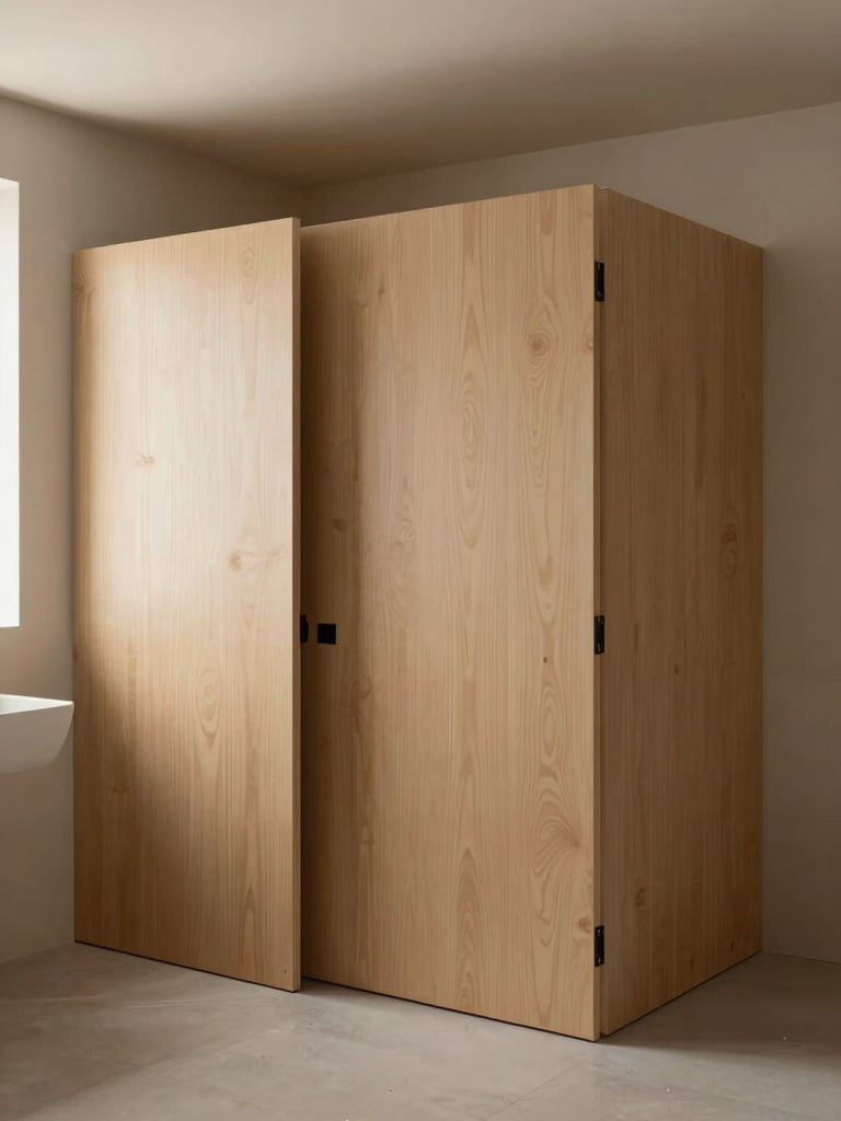 Wide environmental shot of a completed bathroom interior, phenolic board partitions installed floor-to-ceiling in warm muted tones, soft ambient light filtering from above left, revealing the material's surface depth and architectural integration, no people