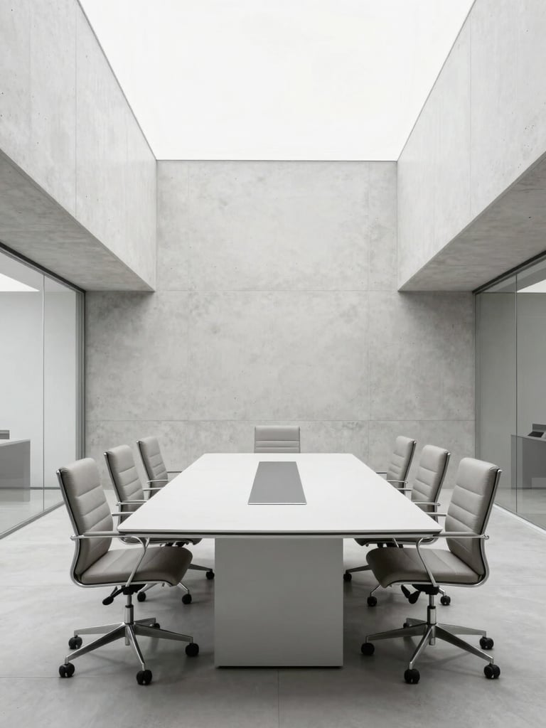 Symmetrical architectural shot of a modern corporate boardroom, clean concrete lines, bright diffused daylight, minimalist leather and steel furniture, ultra-sharp 35mm
