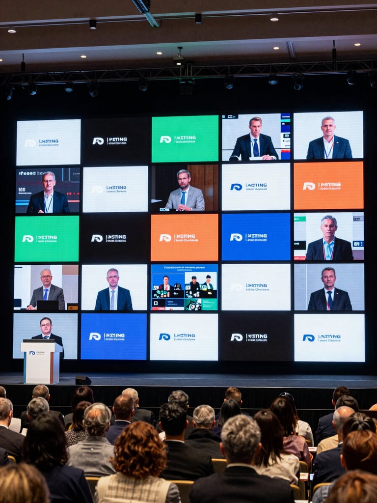 Wide-angle view from the rear of a large conference hall, a massive LED video wall covering the full stage backdrop displaying vivid slide content, rows of seated attendees visible in foreground, venue lighting crisp and even, sharp technical framing showing the full panel array integrated into the stage structure