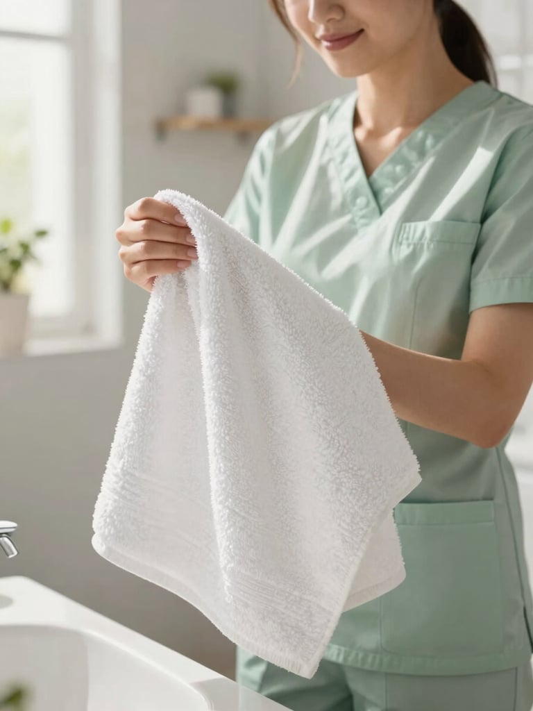 A professional female cleaner in a soft green uniform carefully folding a fresh white towel in a bright, modern, sunlit bathroom, soft domestic tones, warm editorial photography, shallow depth of field, 35mm