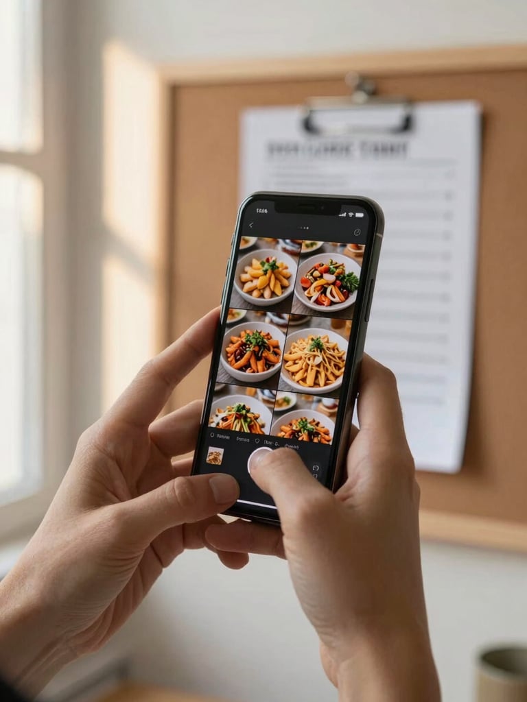 Hands holding a phone reviewing a grid of food photos on an editing app, a printed shot list pinned to a corkboard in the background, warm late-afternoon window light, focused and unhurried