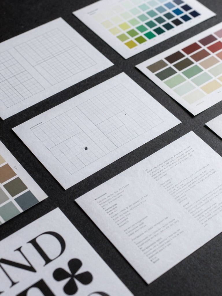Close-up overhead flat-lay of a structured brand identity system laid out on a dark matte surface — printed brand guidelines, geometric grid overlays, colour swatch cards, and typographic specimen sheets arranged with architectural precision, cool studio lighting, high contrast, no people, documented not performed